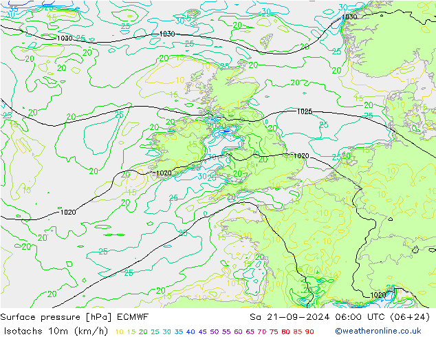 Isotachen (km/h) ECMWF za 21.09.2024 06 UTC