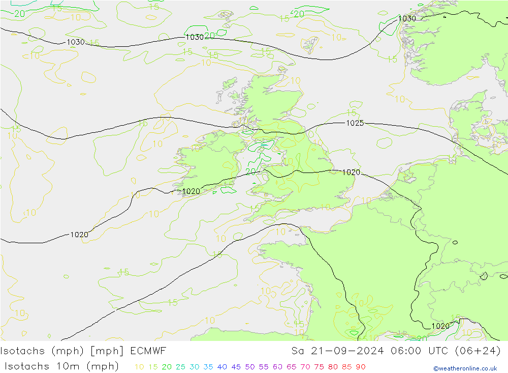 Isotachs (mph) ECMWF сб 21.09.2024 06 UTC