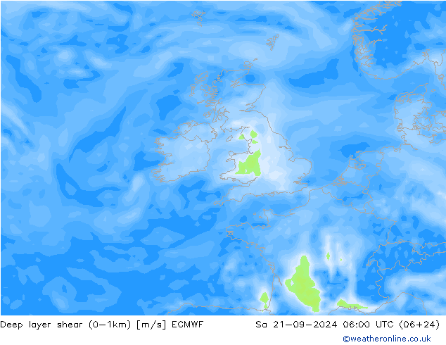 Deep layer shear (0-1km) ECMWF сб 21.09.2024 06 UTC