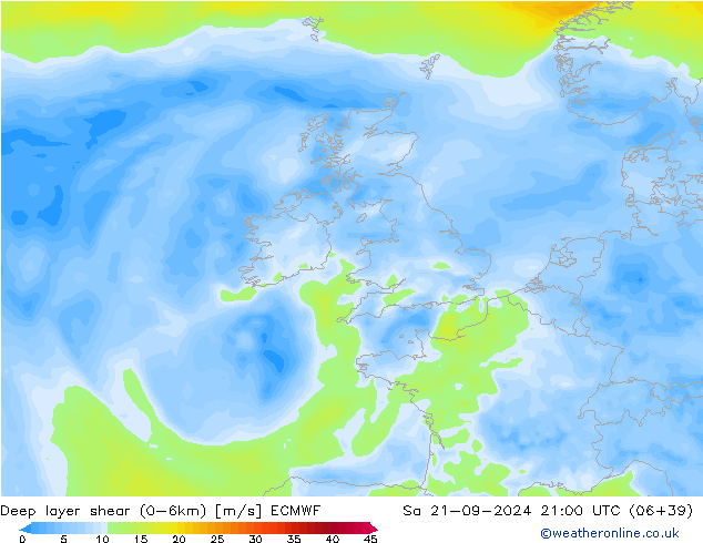 Deep layer shear (0-6km) ECMWF Sa 21.09.2024 21 UTC