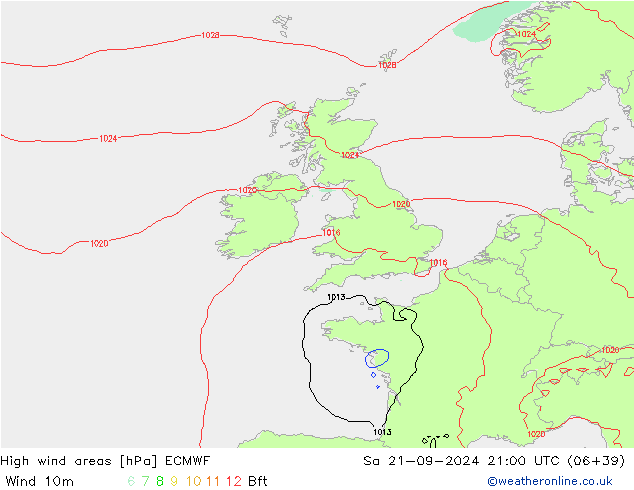 High wind areas ECMWF Sa 21.09.2024 21 UTC