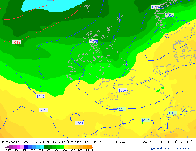 Dikte 850-1000 hPa ECMWF di 24.09.2024 00 UTC