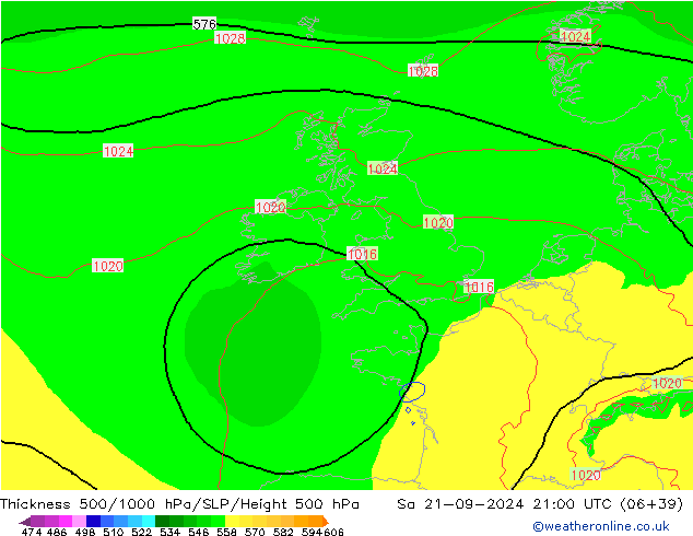 Thck 500-1000гПа ECMWF сб 21.09.2024 21 UTC