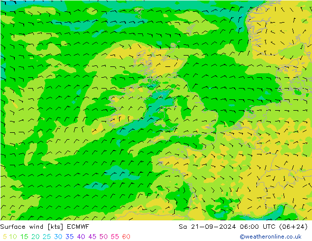 Neerslag 6h/Wind 10m/950 ECMWF za 21.09.2024 06 UTC