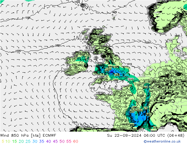 ветер 850 гПа ECMWF Вс 22.09.2024 06 UTC