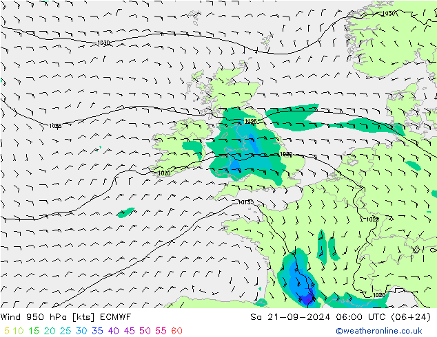 Neerslag 6h/Wind 10m/950 ECMWF za 21.09.2024 06 UTC