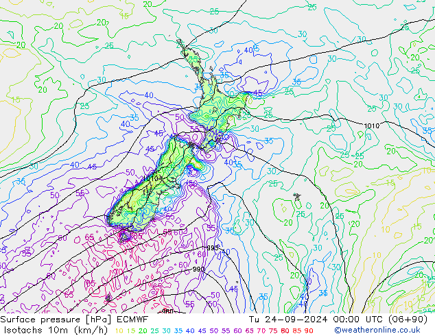 Izotacha (km/godz) ECMWF wto. 24.09.2024 00 UTC