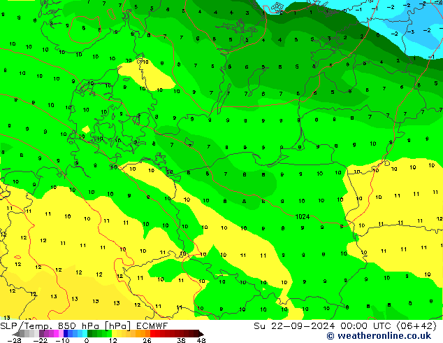 SLP/Temp. 850 hPa ECMWF nie. 22.09.2024 00 UTC