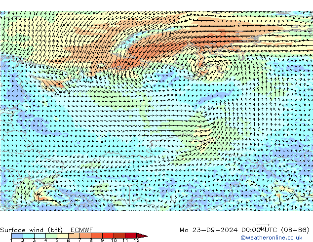 wiatr 10 m (bft) ECMWF pon. 23.09.2024 00 UTC