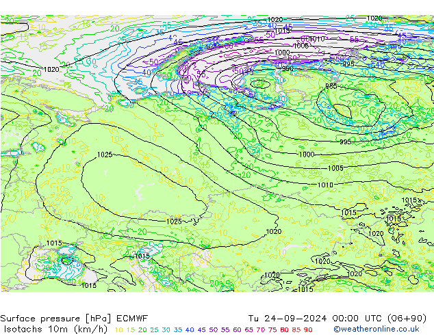 Eşrüzgar Hızları (km/sa) ECMWF Sa 24.09.2024 00 UTC