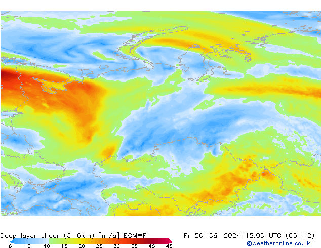 Deep layer shear (0-6km) ECMWF Pá 20.09.2024 18 UTC