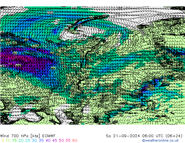 Wind 700 hPa ECMWF Sa 21.09.2024 06 UTC