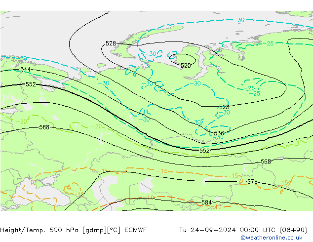 Z500/Rain (+SLP)/Z850 ECMWF Tu 24.09.2024 00 UTC