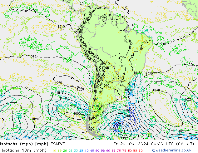 Isotachs (mph) ECMWF пт 20.09.2024 09 UTC