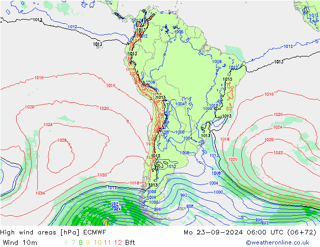 High wind areas ECMWF пн 23.09.2024 06 UTC