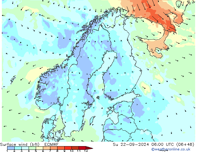 Surface wind (bft) ECMWF Su 22.09.2024 06 UTC