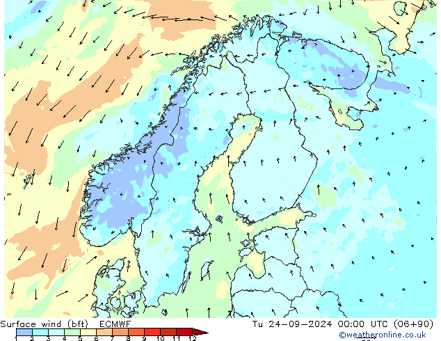 Wind 10 m (bft) ECMWF di 24.09.2024 00 UTC