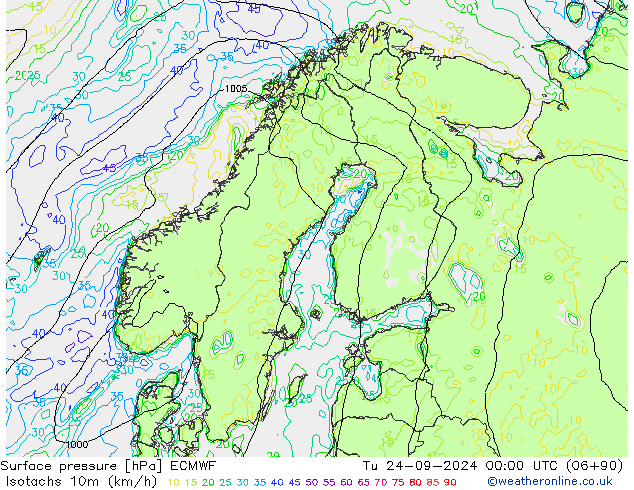 Isotachen (km/h) ECMWF Di 24.09.2024 00 UTC