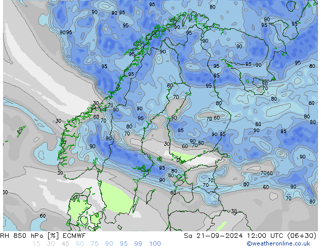 RH 850 гПа ECMWF сб 21.09.2024 12 UTC