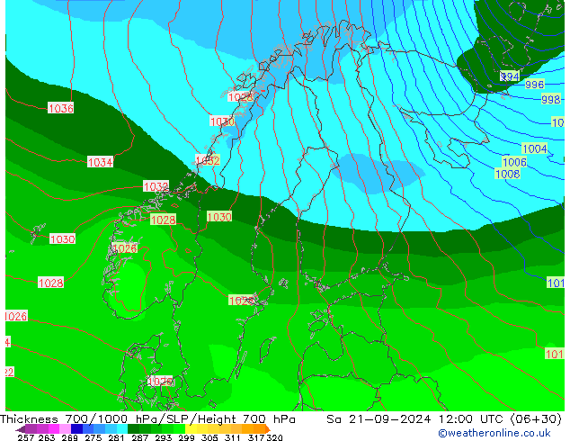 Thck 700-1000 гПа ECMWF сб 21.09.2024 12 UTC