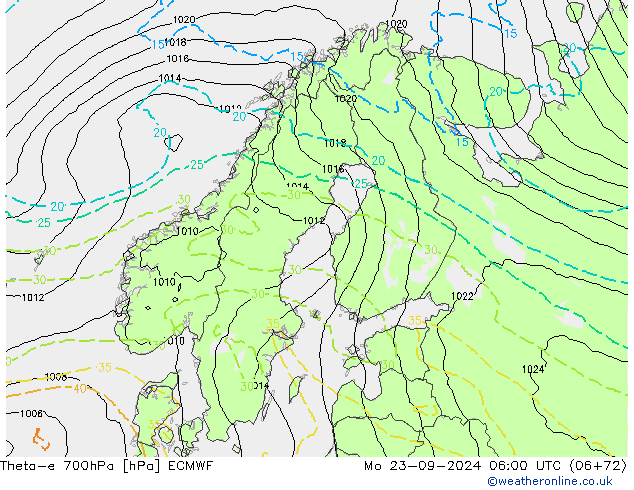 Theta-e 700hPa ECMWF pon. 23.09.2024 06 UTC