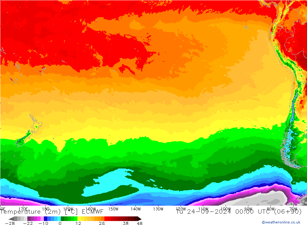 mapa temperatury (2m) ECMWF wto. 24.09.2024 00 UTC