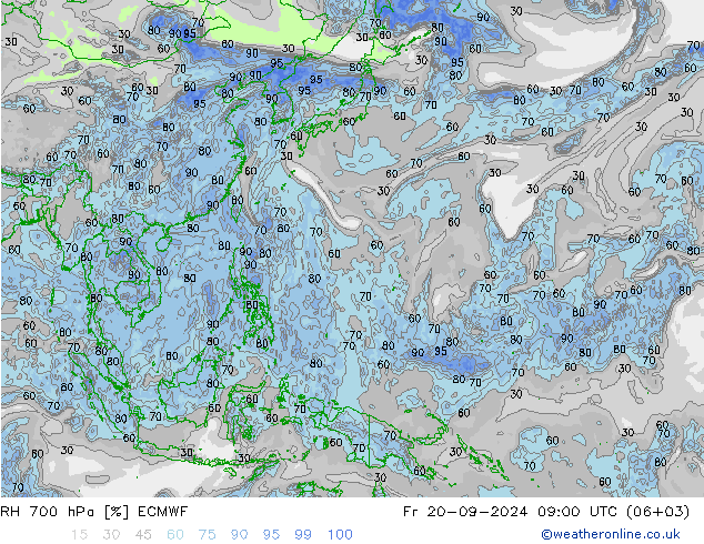 Humidité rel. 700 hPa ECMWF ven 20.09.2024 09 UTC