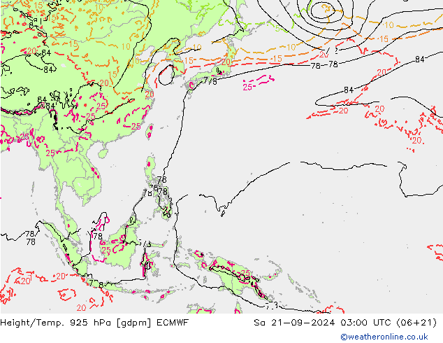 Yükseklik/Sıc. 925 hPa ECMWF Cts 21.09.2024 03 UTC