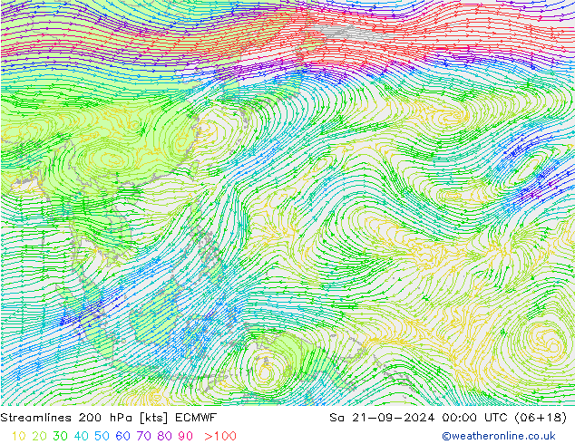 Linea di flusso 200 hPa ECMWF sab 21.09.2024 00 UTC