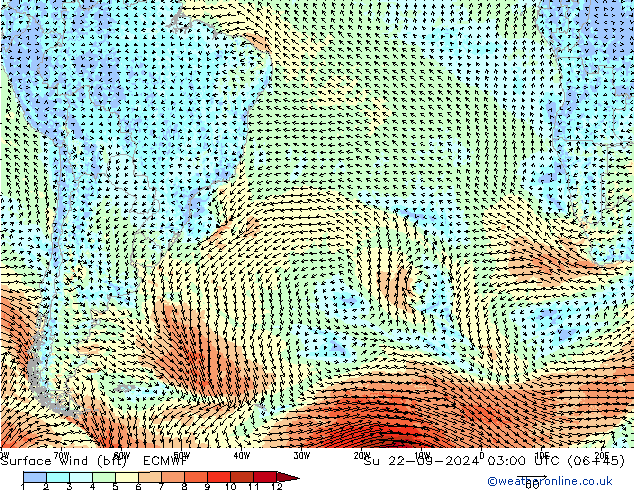 Surface wind (bft) ECMWF Su 22.09.2024 03 UTC