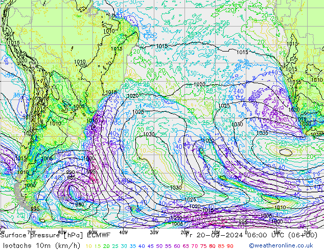 Isotachs (kph) ECMWF Pá 20.09.2024 06 UTC