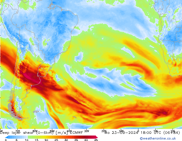 Deep layer shear (0-6km) ECMWF Po 23.09.2024 18 UTC