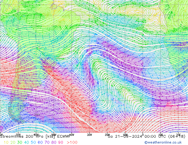 Linea di flusso 200 hPa ECMWF sab 21.09.2024 00 UTC