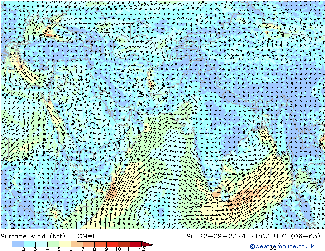 Rüzgar 10 m (bft) ECMWF Paz 22.09.2024 21 UTC