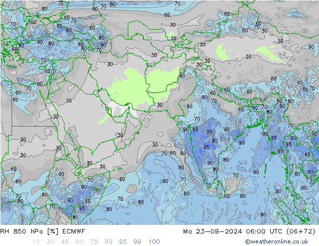 RH 850 hPa ECMWF Mo 23.09.2024 06 UTC