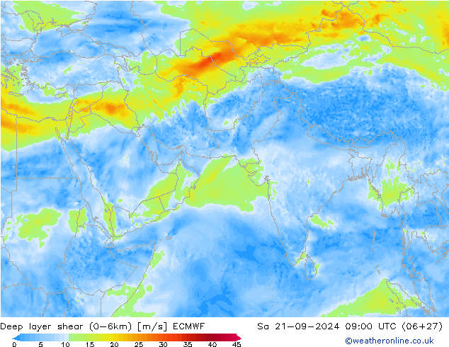 Deep layer shear (0-6km) ECMWF Sa 21.09.2024 09 UTC