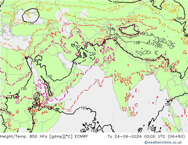 Height/Temp. 850 hPa ECMWF Út 24.09.2024 00 UTC