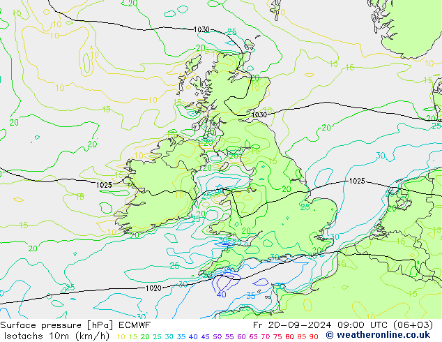 Isotachen (km/h) ECMWF Fr 20.09.2024 09 UTC