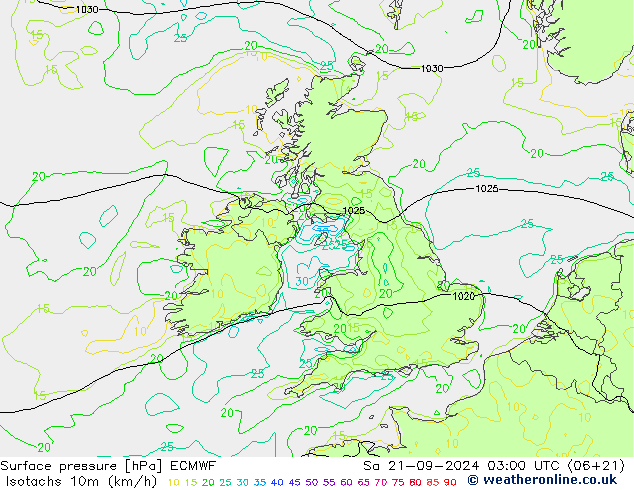 Isotachs (kph) ECMWF So 21.09.2024 03 UTC