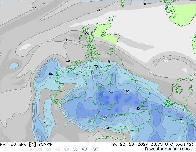 RH 700 hPa ECMWF Su 22.09.2024 06 UTC