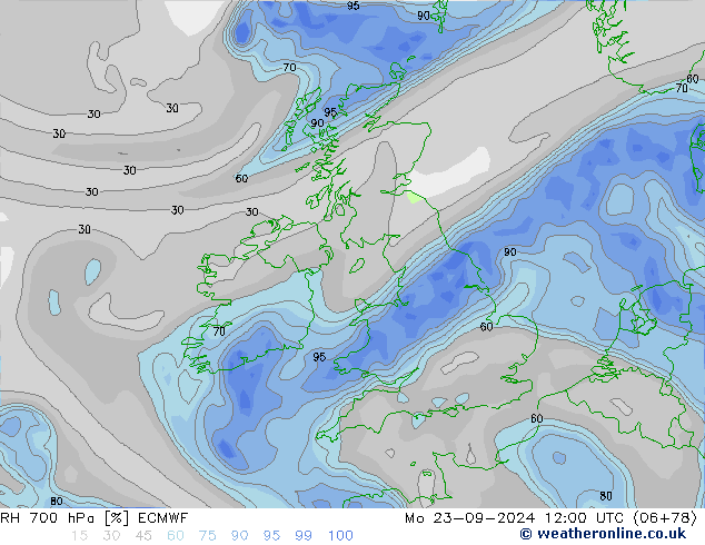 Humidité rel. 700 hPa ECMWF lun 23.09.2024 12 UTC