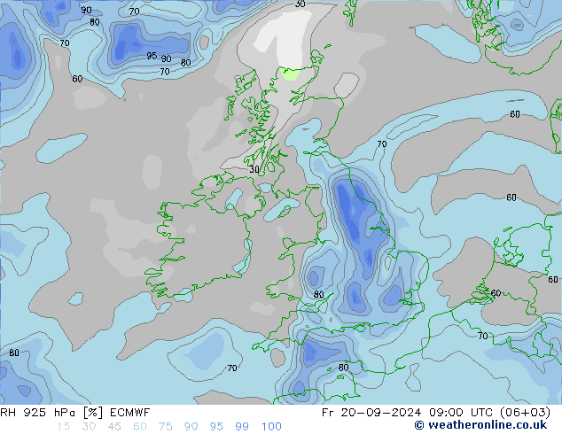 RH 925 hPa ECMWF Fr 20.09.2024 09 UTC