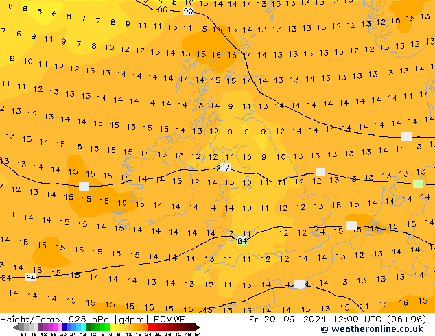 Height/Temp. 925 hPa ECMWF Fr 20.09.2024 12 UTC