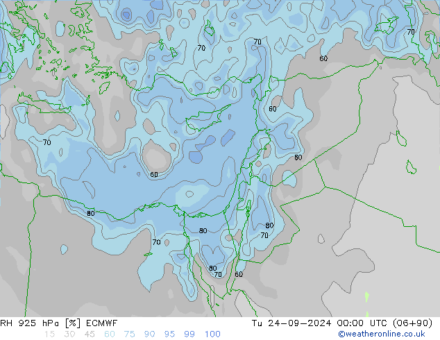 Humidité rel. 925 hPa ECMWF mar 24.09.2024 00 UTC