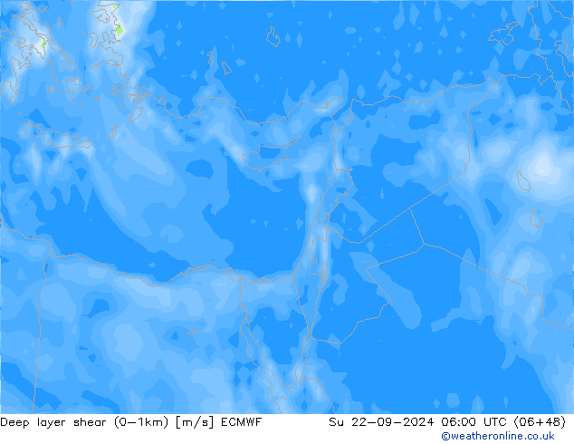 Deep layer shear (0-1km) ECMWF Paz 22.09.2024 06 UTC