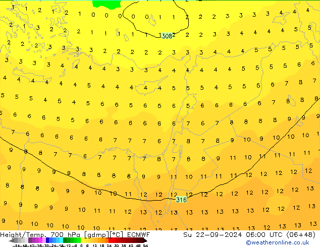 Height/Temp. 700 hPa ECMWF Ne 22.09.2024 06 UTC