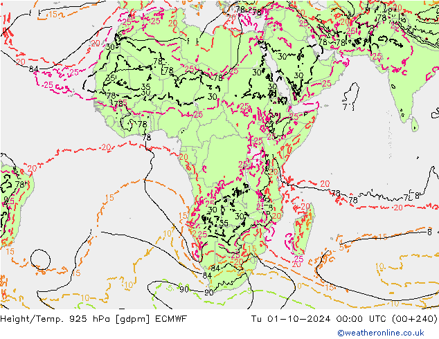 Height/Temp. 925 hPa ECMWF Di 01.10.2024 00 UTC