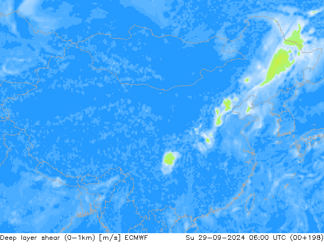 Deep layer shear (0-1km) ECMWF 星期日 29.09.2024 06 UTC