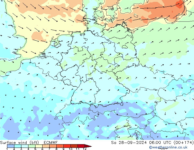 �N 10 米 (bft) ECMWF 星期六 28.09.2024 06 UTC