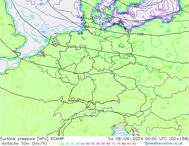 Isotachen (km/h) ECMWF Sa 28.09.2024 00 UTC